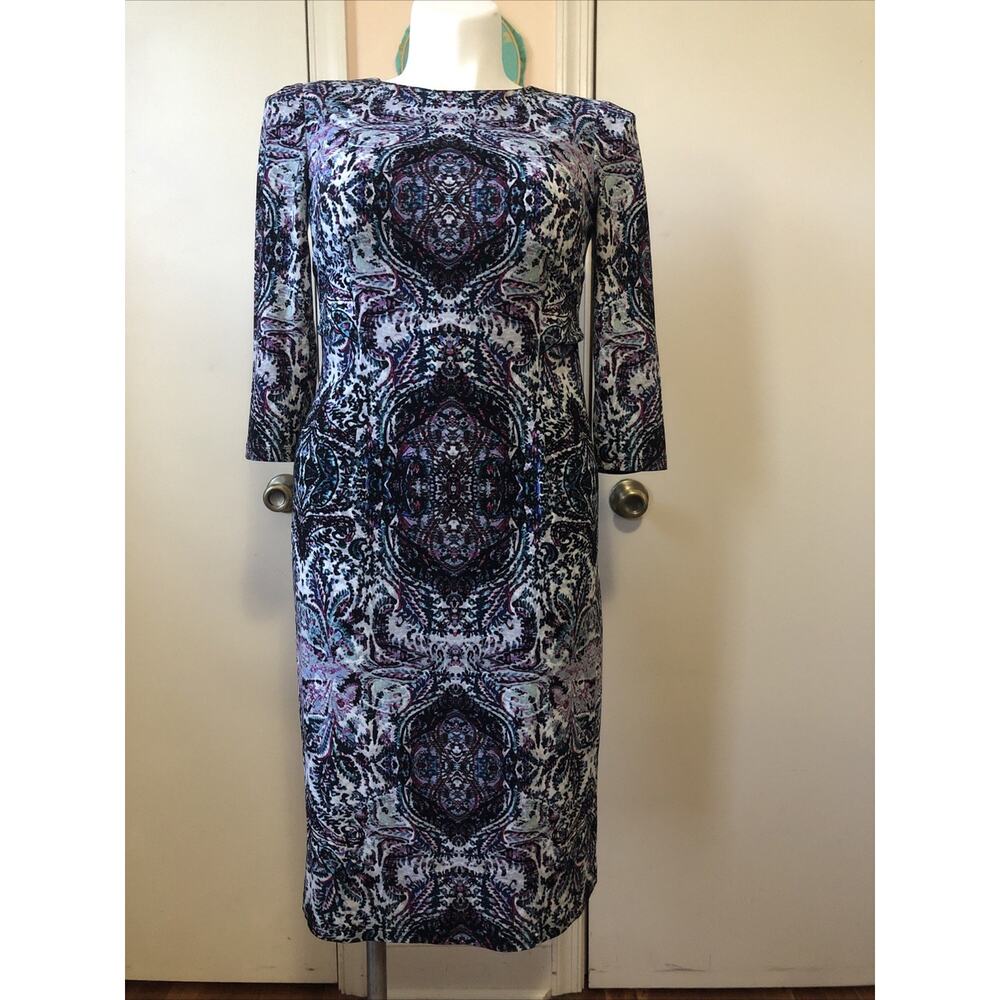 Maggy London Purple Round Neck 3/4 SL Zip Bodycon Midi Cocktail Dress Size 8